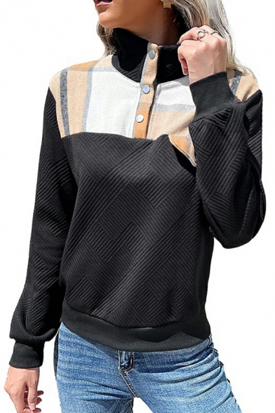 Novelty Girls Hoodie Color Block Long Sleeve Fitted Button Placket Spread Collar Hoodie