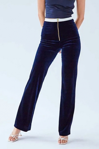 Plain Plush Trousers Women Fashion Casual High Waist Zipper Flared Pants