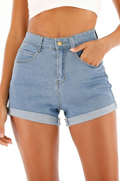 Popular Ladies Shorts Pure Color High Waist Pocket Designed Zip Fly Denim Turn Up Shorts