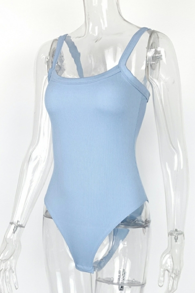 Sexy Strap Bodysuit Women's Fashion Sleeveless Plain Blue Rompers