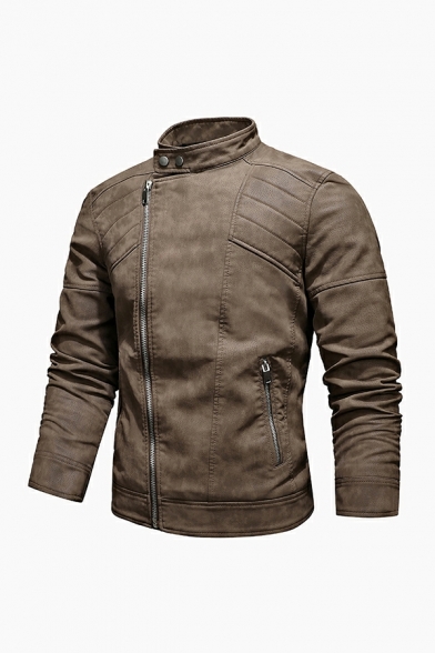 Simple Mens Jacket Pure Color Long-Sleeved Zipper Stand Collar Slimming Leather Jacket