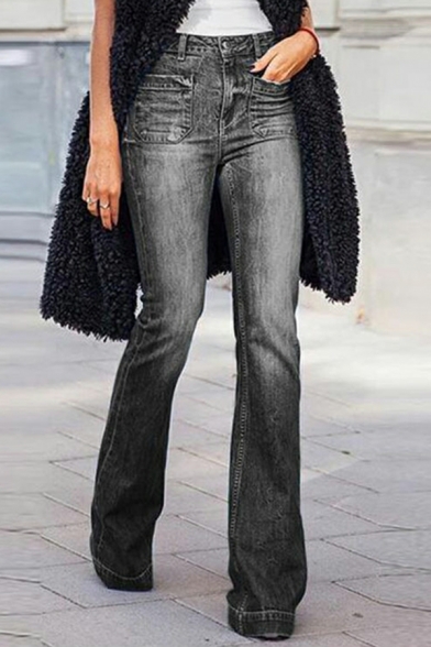 Street Style Women Jeans Plain Skinny Long Length High Rise Zip Fly Bootcut Jeans