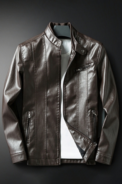 Trendy Jacket Solid Color Pocket Stand Collar Long Sleeve Regular Leather Jacket for Guys
