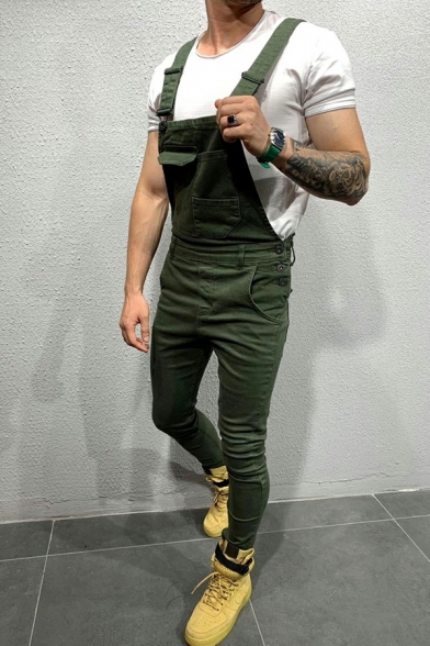 Unique Overalls Sleeveless Pure Color Pocket Front Skinny Overalls for Men