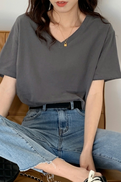 V-neck Short-sleeved T-shirt Cotton Loose Korean Version of Inner Solid Color Top T Shirt
