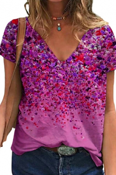Women Formal T-shirt 3D Floral Print V Neck Short Sleeves Regular Fitted Tee Shirt