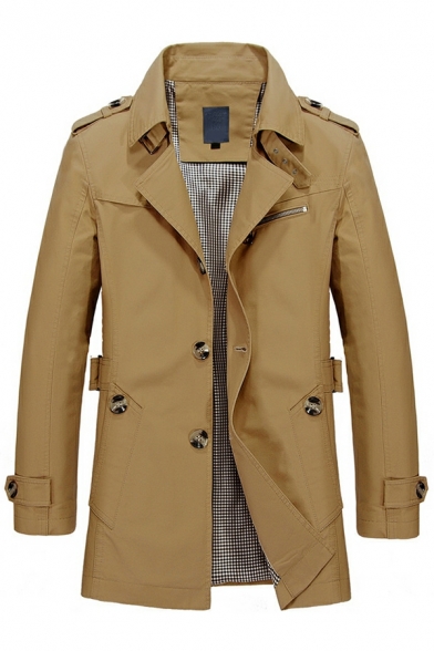 Guys Coat Pure Color Pocket Lapel Collar Long Sleeves Fitted Button Up Trench Coat for Men