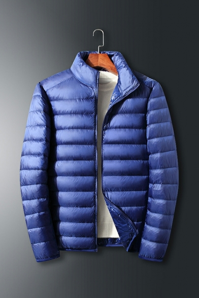 Mens Pop Parka Coat Solid Color Regular Long Sleeves Stand Collar Full Zipper Parka Coat