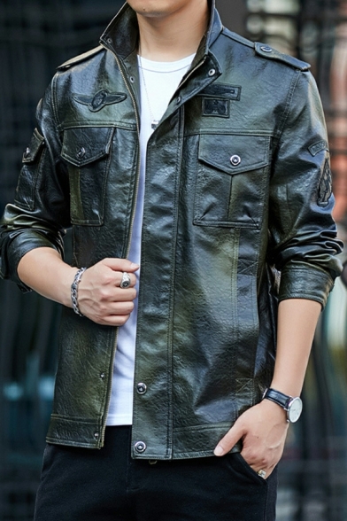 Stylish Jacket Plain Chest Pocket Stand Collar Long-sleeved Zip-up Leather Jacket