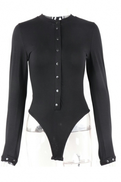 Stylish Women Bodysuit Solid Button Detailed Round Neck Long Sleeves Bodysuit
