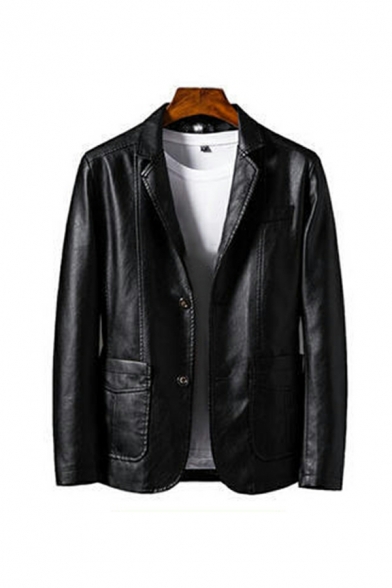 Trendy Guys Jacket Plain Pocket Long Sleeve Lapel Collar Loose Button down Leather Jacket