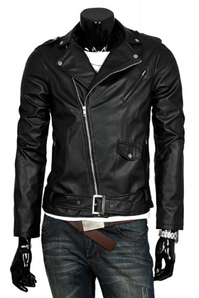 Vintage Jacket Plain Oblique Zipper Slim Lapel Collar Long Sleeve Leather Jacket for Men