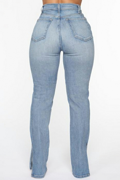 Women Retro Jeans Skinny Solid Color Split Detail Long Length High Rise Zip up Jeans