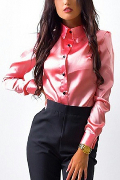Women's Long Sleeve Shirt Elegant Lapel Plain Button-Down Shirt