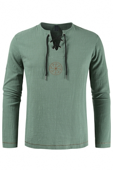 Basic Guys Tee Shirt Geometric Print Long-sleeved Crew Neck Drawstring Detail Tee Top