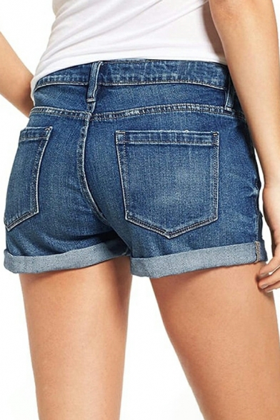 Basic Women Shorts Plain Distressed Mid Waist Pocket Zip Closure Denim Turn Up Shorts