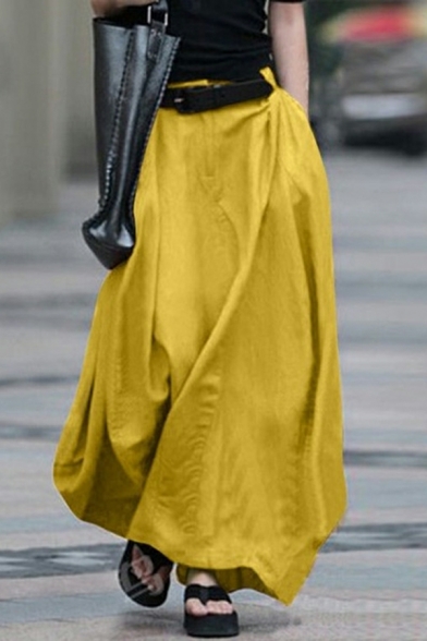 Chic Girls Skirt Pure Color Maxi Length Pocket Oversized Mid Waist Skirt
