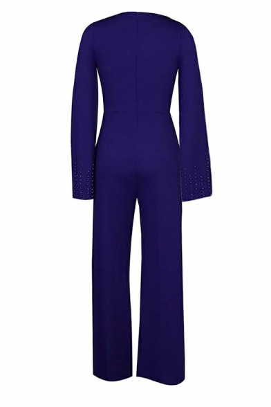 Cozy Women Jumpsuits Whole Colored Beading Long-sleeved Belt Detail Square Neck Jumpsuits