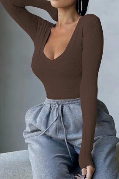 Fashion Ladies Bodysuit Pure Color Long-sleeved V-neck Bodysuit