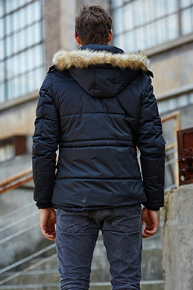 Guy's Fashionable Coat Plain Pocket Long Sleeves Hooded Relaxed Zipper Puffer Jacket