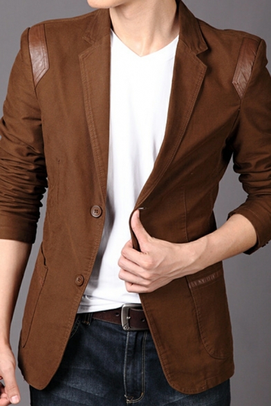 Guys Chic Blazer Pure Color Long Sleeve Lapel Collar Fitted Single Button Blazer