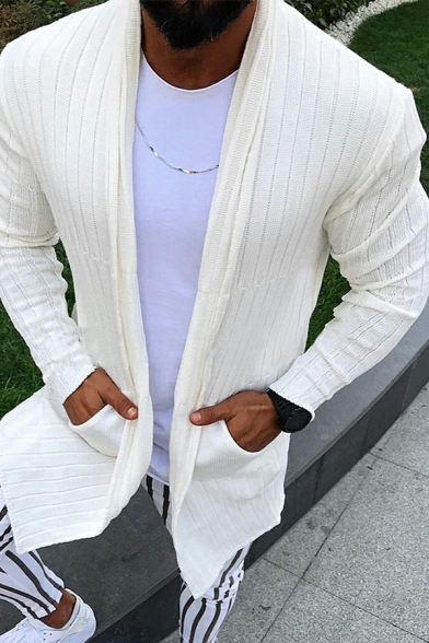 Leisure Cardigan Solid Color Shawl Collar Open Front Ribbed Trim Cardigan for Men