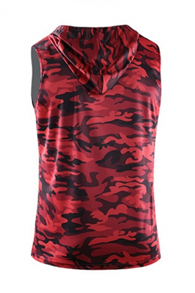 Leisure Vest Top Camouflage Pattern Pocket Front Sleeveless Hooded Slim Tank Top for Men