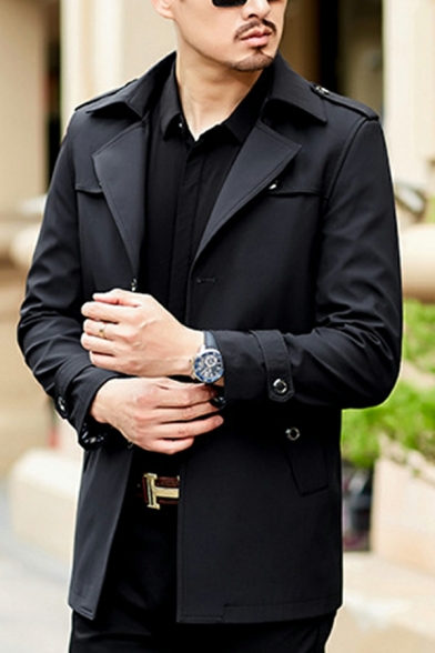 Mens Cool Coat Pure Color Long-Sleeved Lapel Collar Regular Fit Button Closure Trench Coat