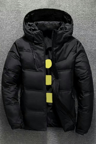 Popular Guys Parka Coat Plain Pocket Design Long Sleeve Hooded Fitted Zipper Puffer Jacket