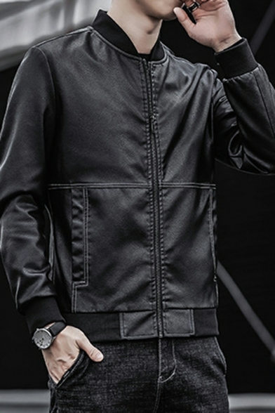 Retro Mens Jacket Solid Pocket Detailed Stand Collar Long Sleeve Zip Closure PU Jacket
