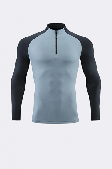 Running Training Fitness Men's T-shirt Long-sleeved Color Block Half-zip Quick Dry Sports Tees