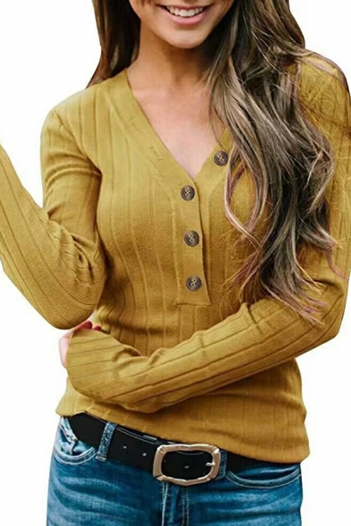 Simple Women Tee Top Plain V Neck Long Sleeve Button Closure Tee Shirt