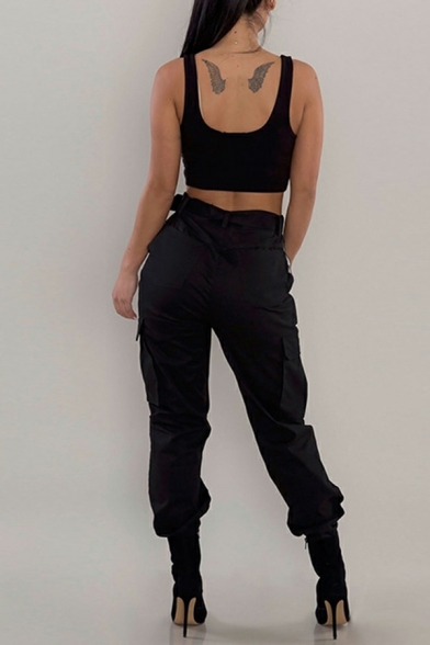 Street Style Trousers Women's Casual Black High Waist Narrow Leg Overalls (without Belt)
