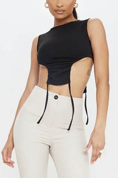 Summer New Fashion Women's Vest Round Neck Drawstring Slim Reveal Umbilical Sexy Tank Top