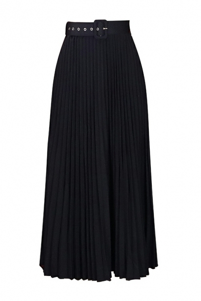 Unique Girls Skirt Solid High Elastic Waist Belt Designed Maxi Length Pleated Skirt