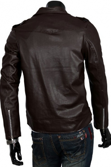 Vintage Jacket Plain Oblique Zipper Slim Lapel Collar Long Sleeve Leather Jacket for Men