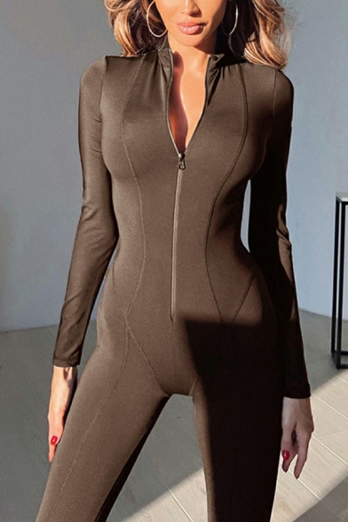 Vintage Jumpsuits Long Sleeves Stand Collar Solid Zip Placket Jumpsuits for Women
