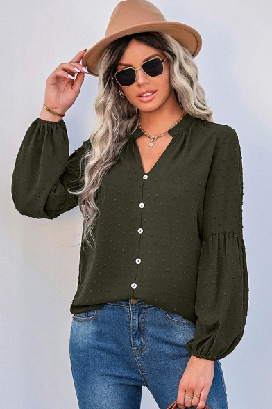 Casual Blouse Solid Color V-Neck Bishop Sleeve Blouse for Women
