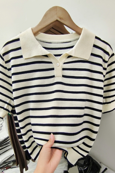 Casual Women Polo Shirt Stripe Pattern Spread Collar Short Sleeves Button down Polo Shirt