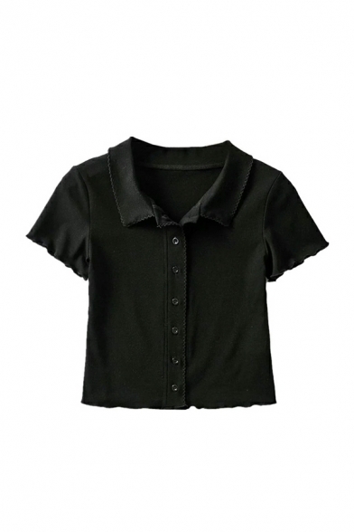 Chic Women Polo Shirt Pure Color Short Sleeve Spread Collar Button Fly Fitted Polo Shirt