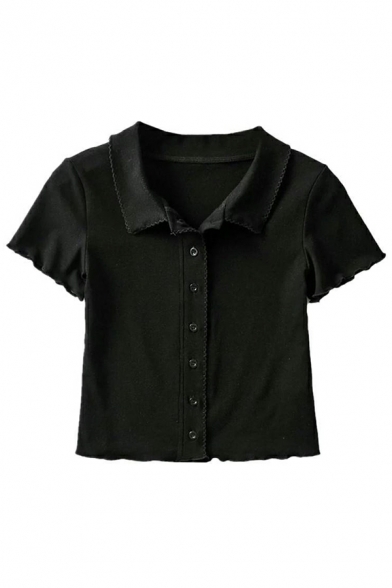 Classic Ladies Polo Shirt Solid Short Sleeves Button Fly Spread Collar Crop Polo Shirt