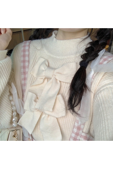 Cute Fancy Ladies' Long Sleeve Mock Neck Bow Tie Front Purl Knit Relaxed Fit Pullover Sweater in Apricot