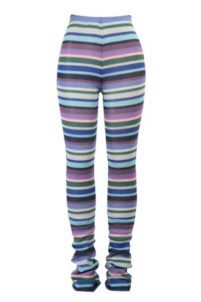 Fashion Ladies Pants Contrast Stripe Printed High Rise Straight Long Length Elastic Pants