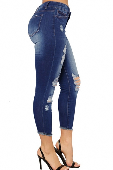 Freestyle Jeans Plain Slimming Ankle Length Zip Closure Broken Hole Jeans for Ladies
