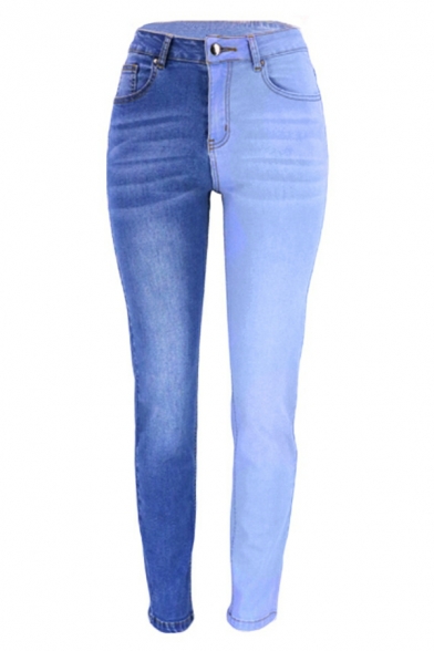 Girls Chic Jeans Color Block Full Length Pocket High Waist Zip Closure Jeans