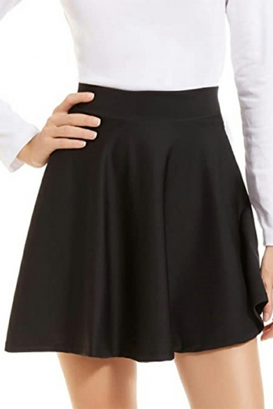 Ladies Leisure Skirt Pure Color Pleated High Rise Mini Length A-Line Skirt