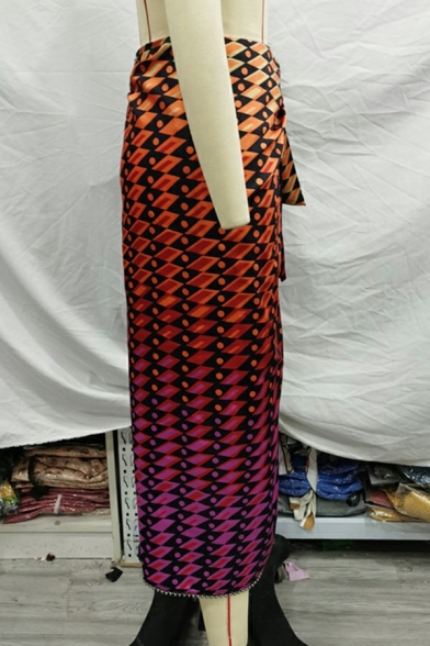Ladies Original Skirt Print Split Front High Waist Ribbons Midi Tube Skirt