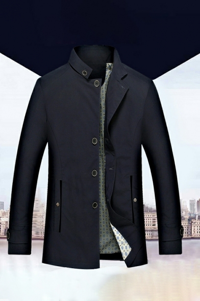 Men Novelty Coat Whole Colored Long Sleeve Notched Collar Single Breasted Trench Coat