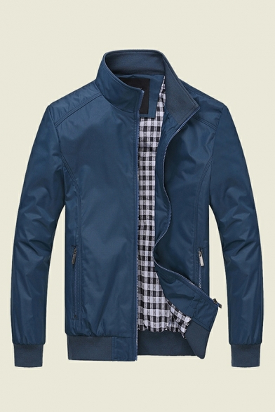 Mens Edgy Jacket Solid Plaid Lined Pocket Long Sleeve Stand Collar Fitted Leather Jacket