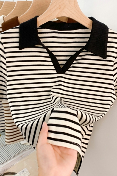 Popular Girls Tee Shirt Stripe Printed Spread Collar Short Sleeves Cropped Tee Top